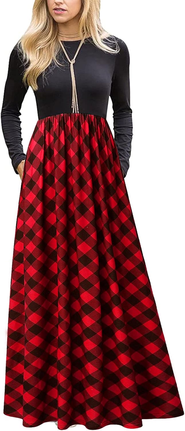 MEROKEETY Women's Long Sleeve Plaid Empire Waist Full Length Maxi Dress with Pockets