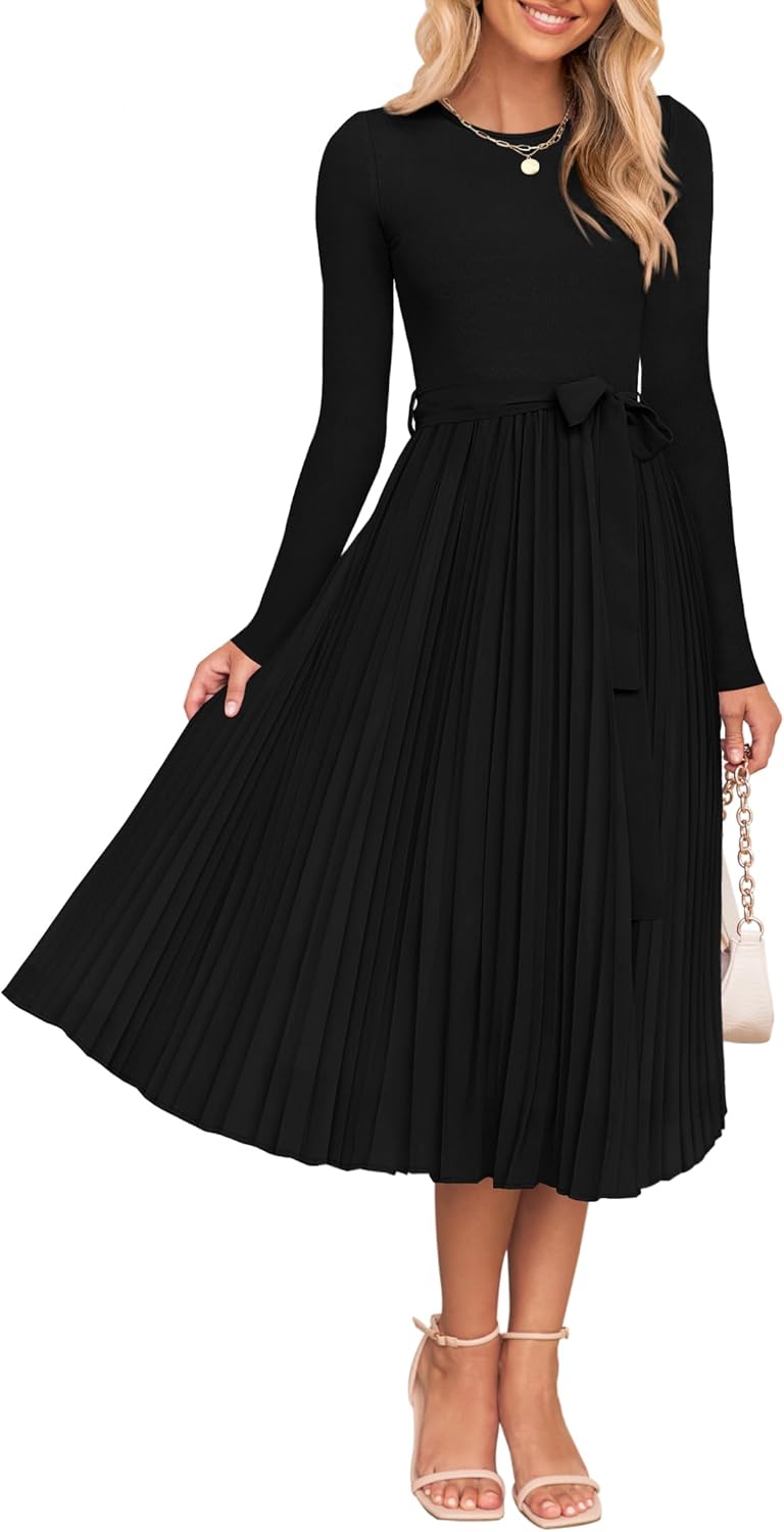ZESICA Women's Fall Long Sleeve Midi Dress 2025 Casual Crewneck Knit Belted Pleated A Line Flowy Party Dresses