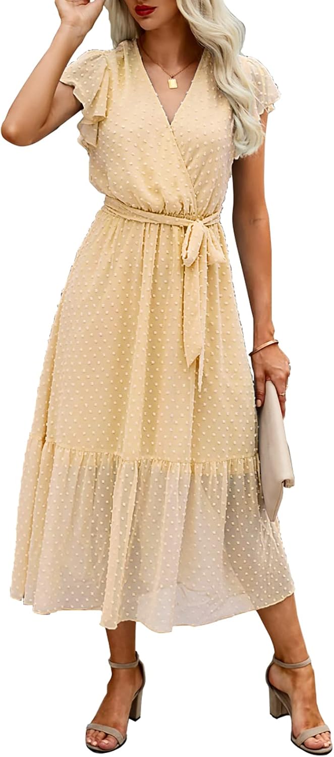 BTFBM Women Summer Bohemian Floral Casual Wrap V Neck Ruffle Cap Sleeveless Belt A-Line Pleated Hem Midi Sun Dress White