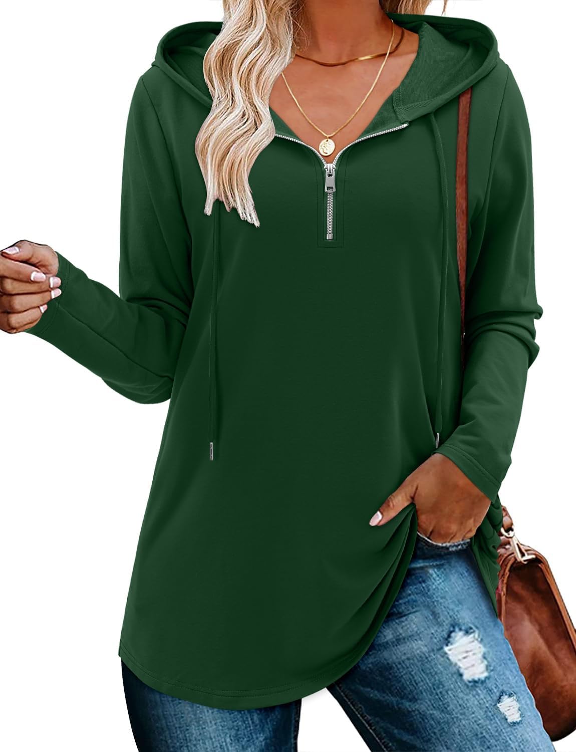 BETTE BOUTIK Womens Quarter Zip Tunic Hoodies Pullover Long Hooded Sweatshirts S-3XL