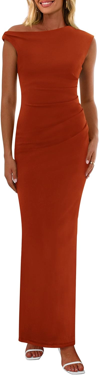 PRETTYGARDEN Women's 2025 Summer Formal Maxi Dresses Sleeveless One Shoulder Bodycon Ruched Mesh Wedding Guest Cocktail Dress