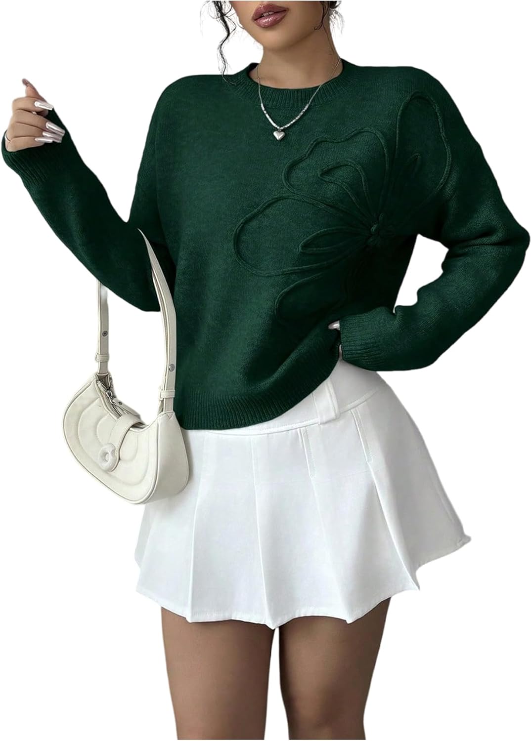 Women's 3D Floral Appliques Crewneck Sweaters Long Sleeve Drop Shoulder Pullovers Elegant Knit Tops