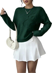 Women's 3D Floral Appliques Crewneck Sweaters Long Sleeve Drop Shoulder Pullovers Elegant Knit Tops