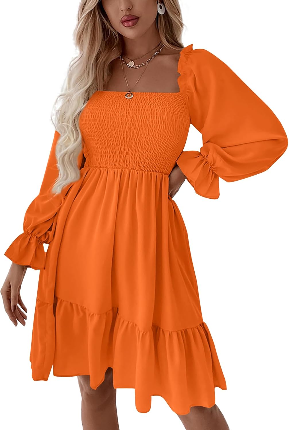 LYANER Women's Square Neck Lantern Long Sleeve Ruffle Shirred Flowy Party Mini Dress