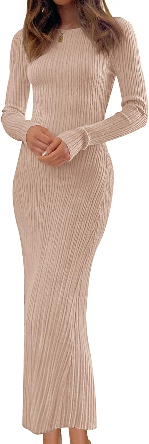 MEROKEETY Women's 2025 Long Sleeve Bodycon Sweater Dress Fall Winter Crew Neck Ribbed Knit Maxi Dresses