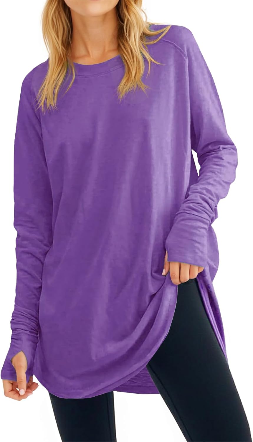 Fisoew Women's Casual Long Sleeve Tops Crew Neck Round Hem Loose T-Shirts Tunic Tops with Thumb Holes