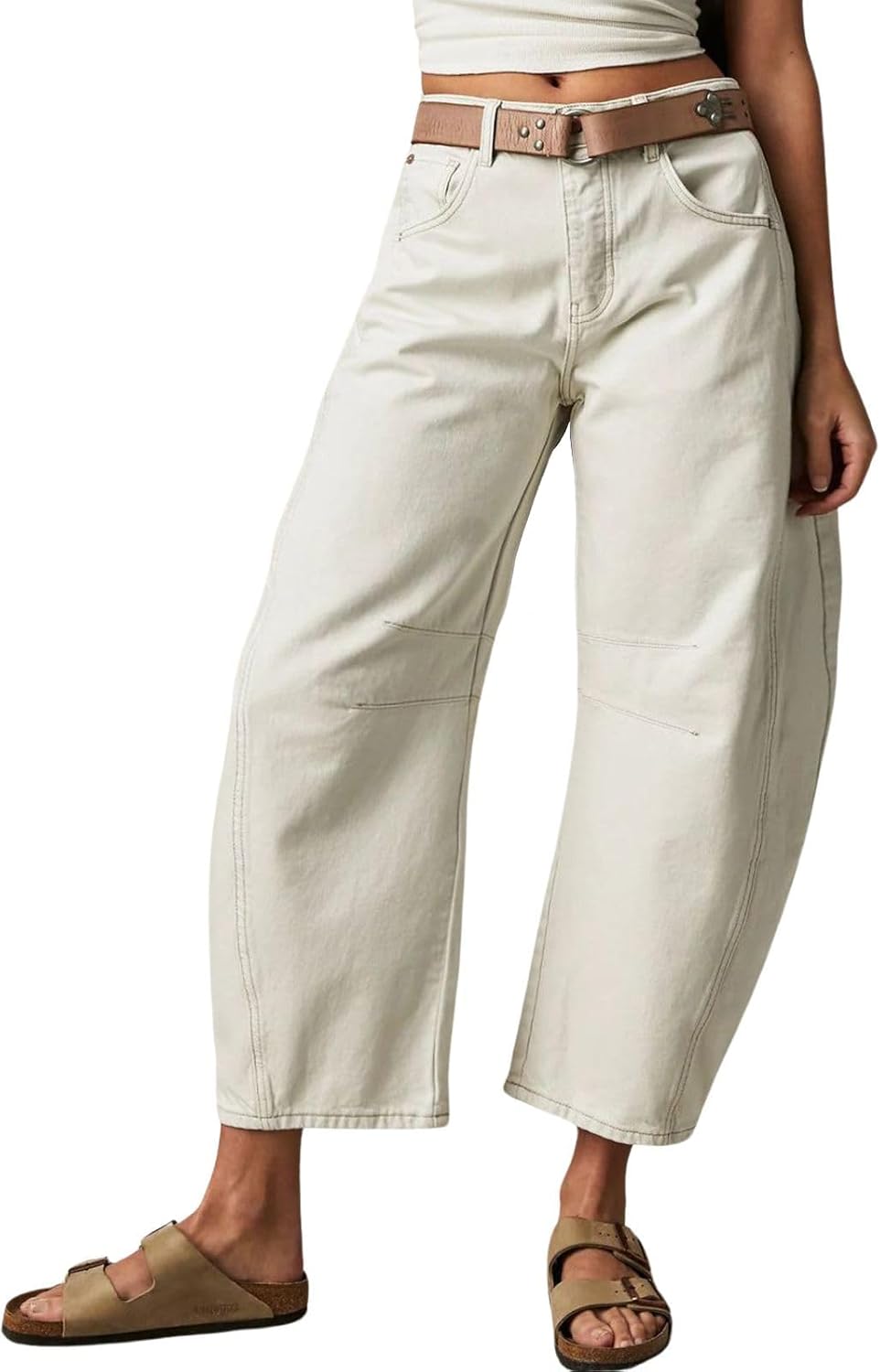 Womens Stretchy Mid Rise Barrel Jeans Vintage Loose Wide Leg Cropped Denim Pants Y2k Baggy Boyfriend Jeans