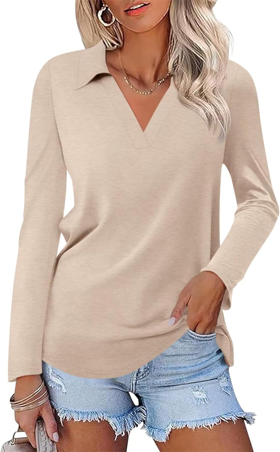 ORANDESIGNE Women's Long Sleeve Polo Shirts Casual Color Block V Neck Tops Fall Collar Ladies Tunics Tees