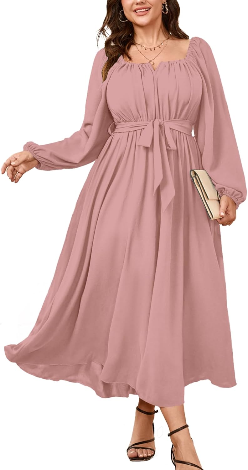 SCOMCHIC Women Plus Size Maxi Dress Long Sleeve Square Neck Wedding Guest Cocktail Belted Elegant Flowy A Line Long Dresses