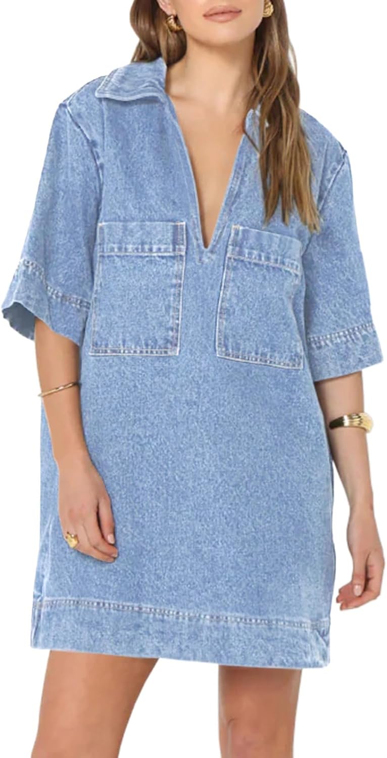 Fisoew Womens Denim Shirt Dress Summer Collared V Neck Mini Casual Jean Dresses with Pockets