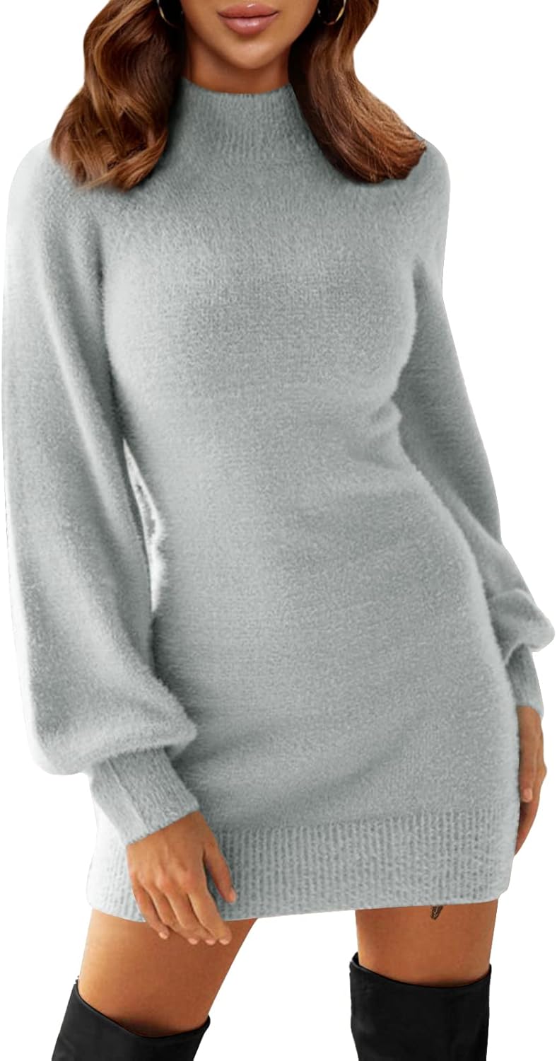 EXLURA Women's 2025 Mock Neck Ribbed Long Sleeve Bodycon Pullover Cute Mini Sweater Dress