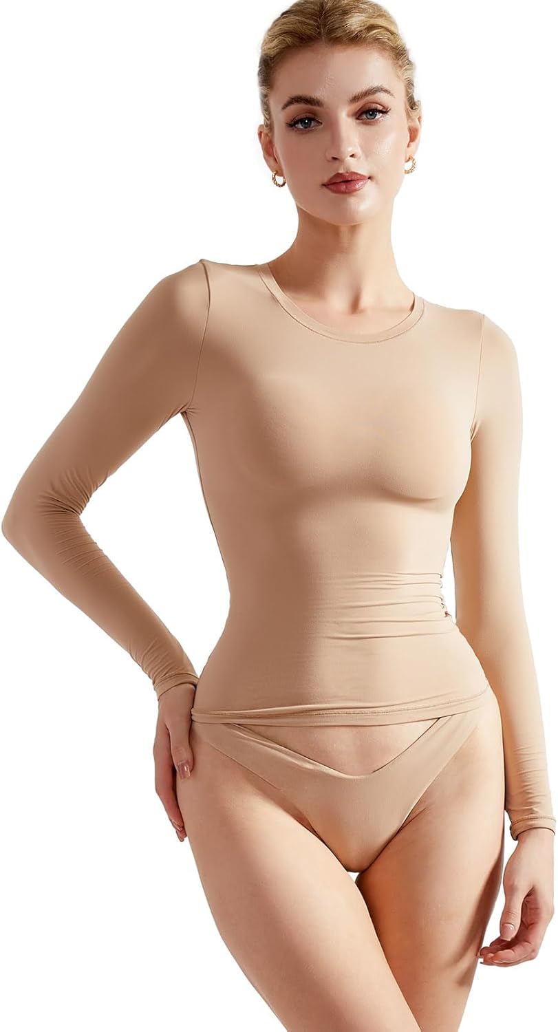 SUUKSESS Women Double Lined Fitted Basic T Shirts Crew Neck Long Sleeve Crop Top