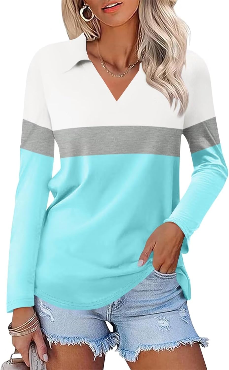ORANDESIGNE Women's Long Sleeve Polo Shirts Casual Color Block V Neck Tops Fall Collar Ladies Tunics Tees