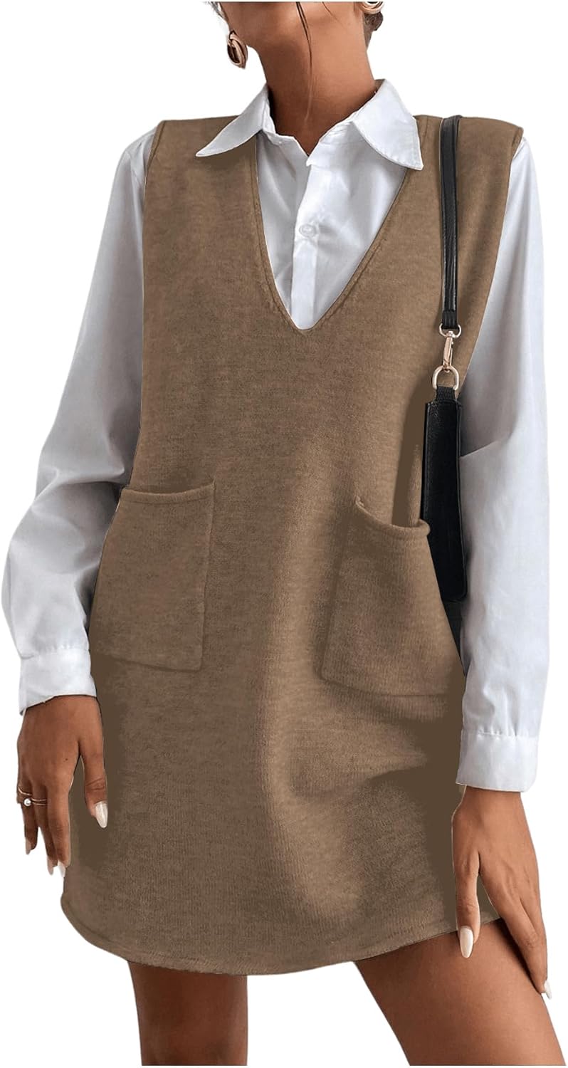 OYOANGLE Women's V Neck Sleeveless Knitted Solid Short Sweater Dress with Pockets
