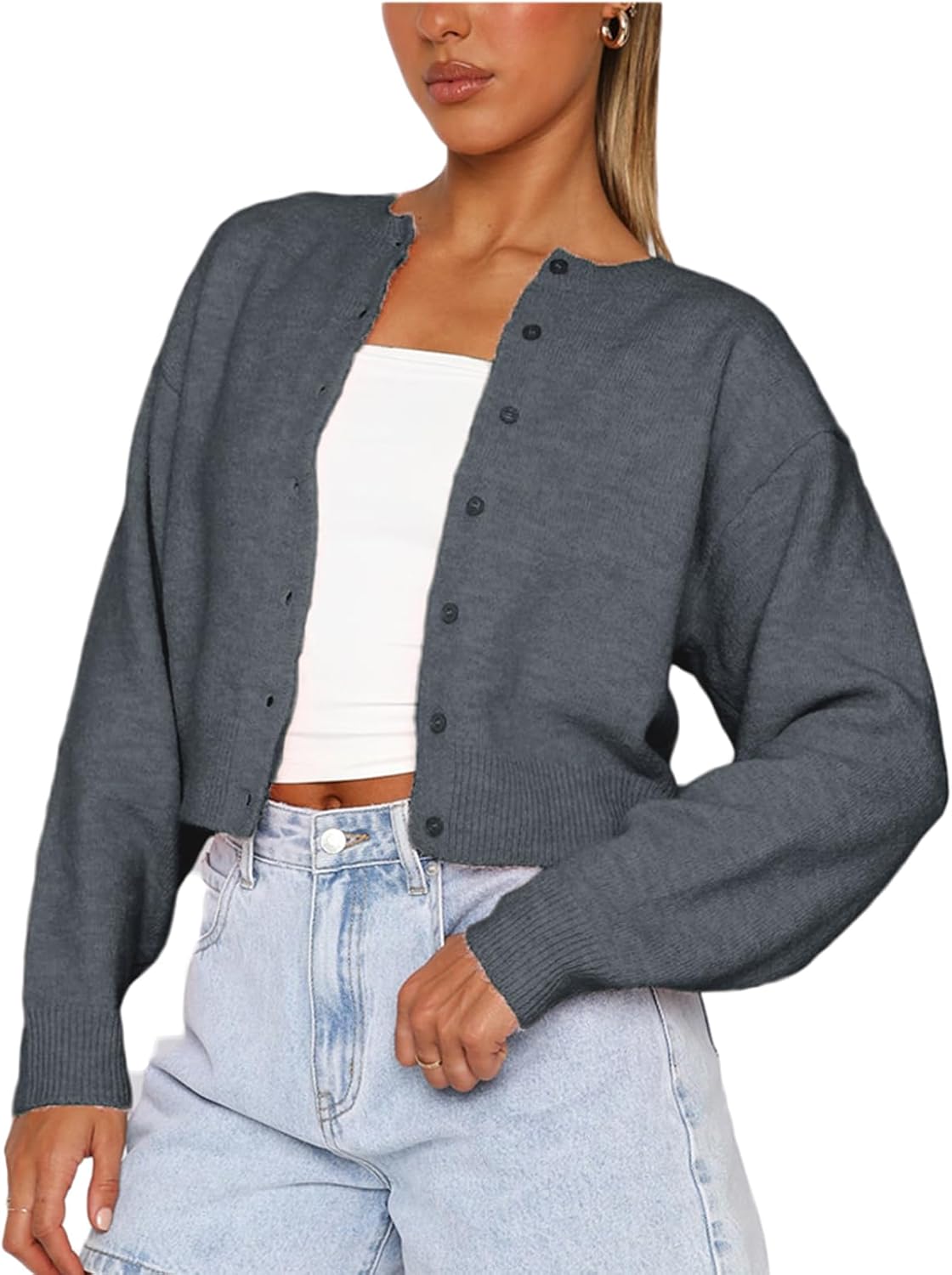 Women Y2K Button Front Crop Sweater Cardigan Solid Color Crew Neck Long Sleeve Knit Fall Tops Streetwear