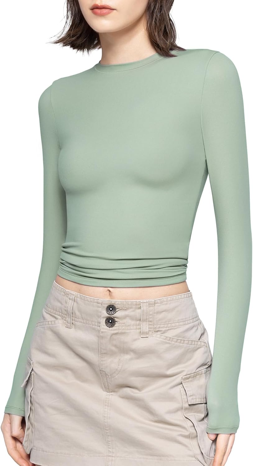 PUMIEY Women's Long Sleeve T Shirts Crew Neck Slim Fit Tops Sexy Basic Tee Smoke Cloud Pro Collection