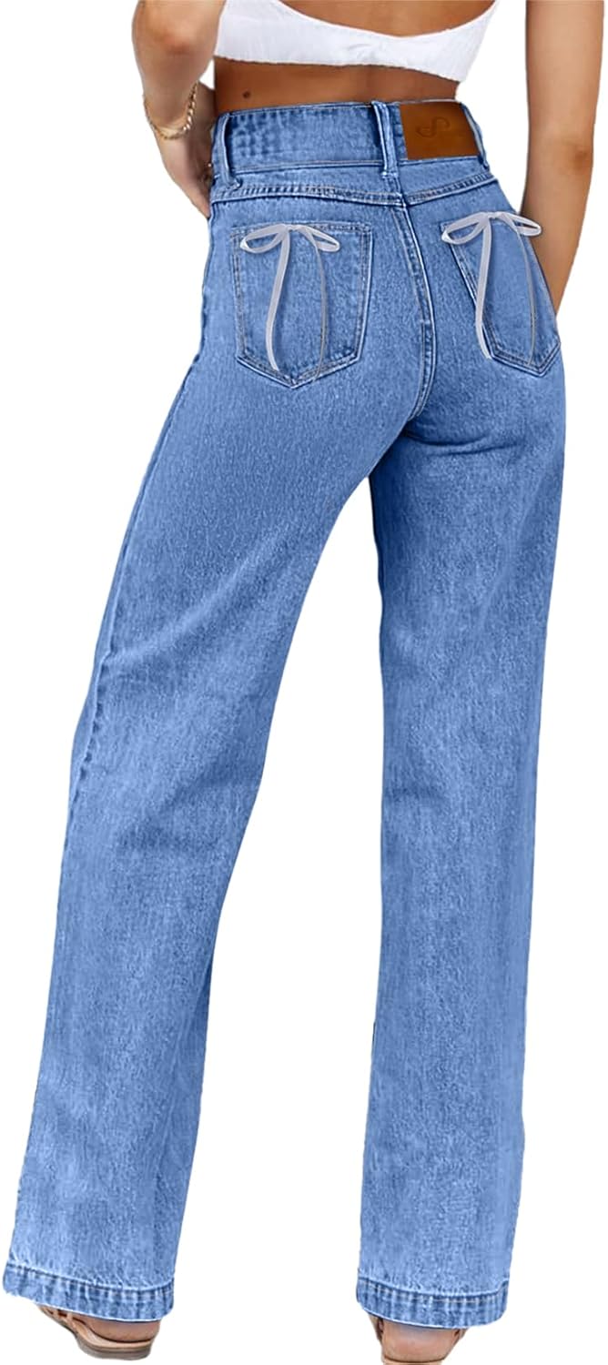 Sidefeel Women's Jeans High Waisted Straight Leg Stretchy Jeans Trendy Welt Pockets Loose Wide Leg Zimbaplatinum Denim Pants