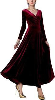 Urban CoCo Women Long Sleeve V-Neck Velvet Stretchy Long Dress