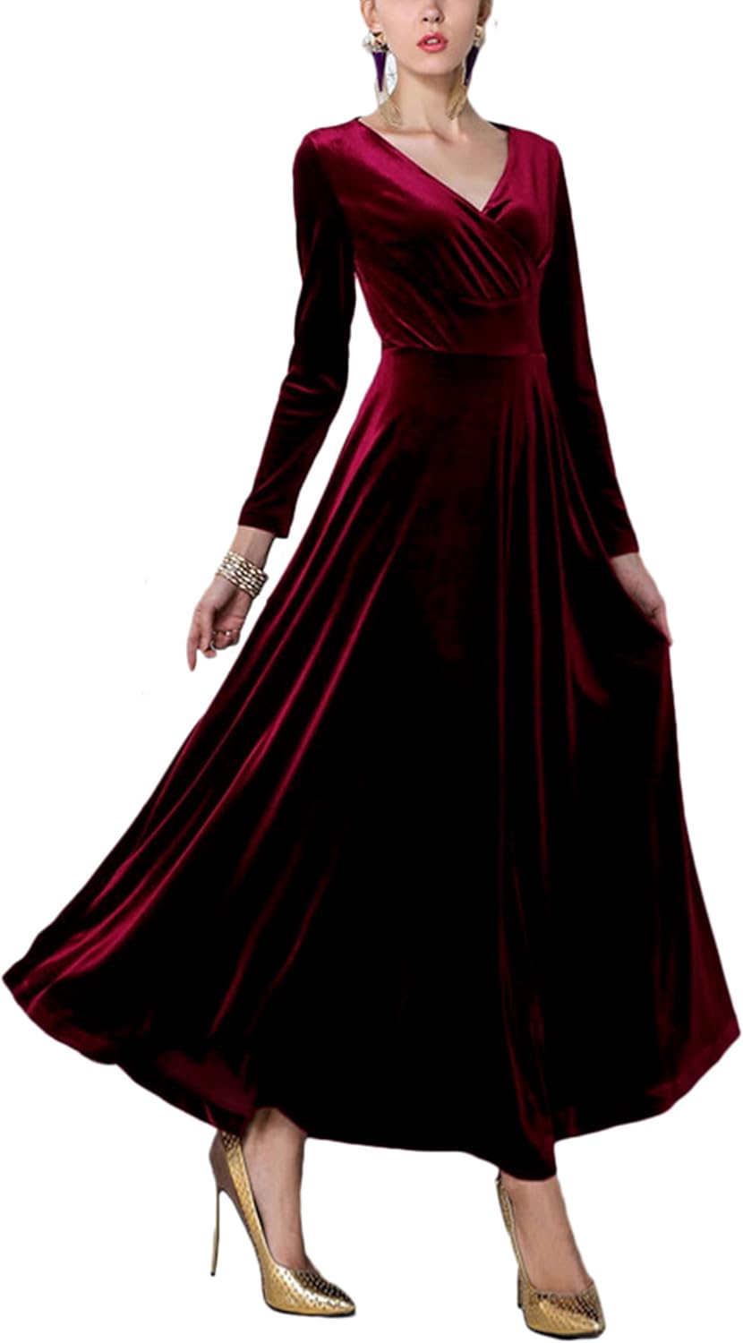 Urban CoCo Women Long Sleeve V-Neck Velvet Stretchy Long Dress