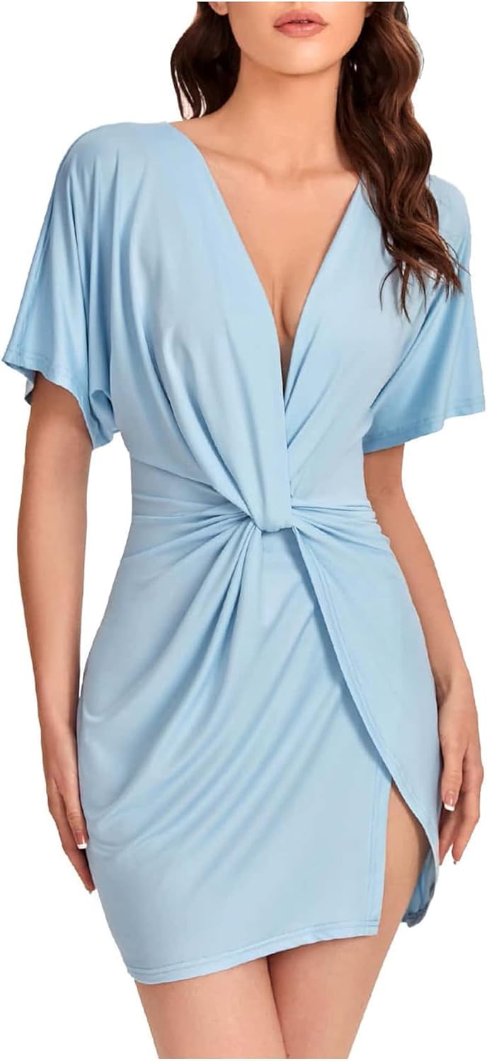 Floerns Women's Deep V Neck Twisted Plunging High Slit Mini Party Dress