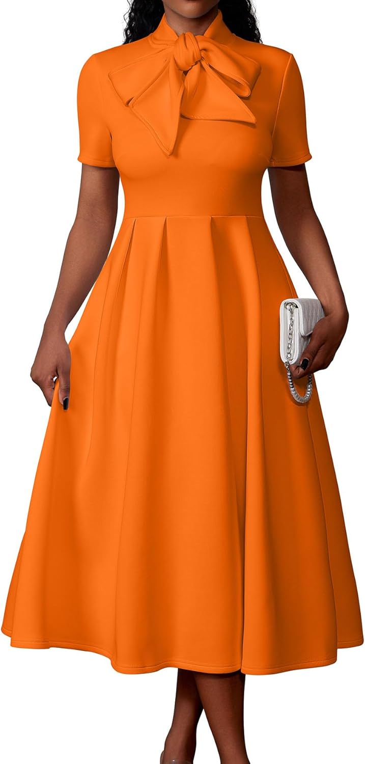 Memoriesea Women's Elegant Casual Short Sleeve Work Party A-Line Dress with Pockets