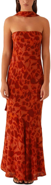 Women Strapless Floral Dress with Sarf Mesh Tube Maxi Dress Summer Cocktail Wedding Guest