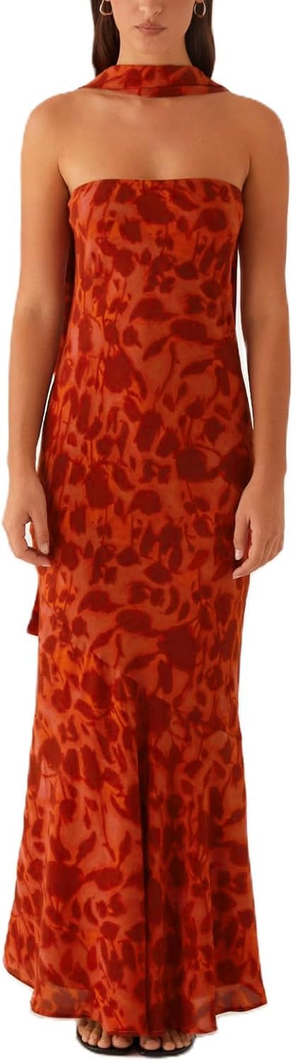 Women Strapless Floral Dress with Sarf Mesh Tube Maxi Dress Summer Cocktail Wedding Guest