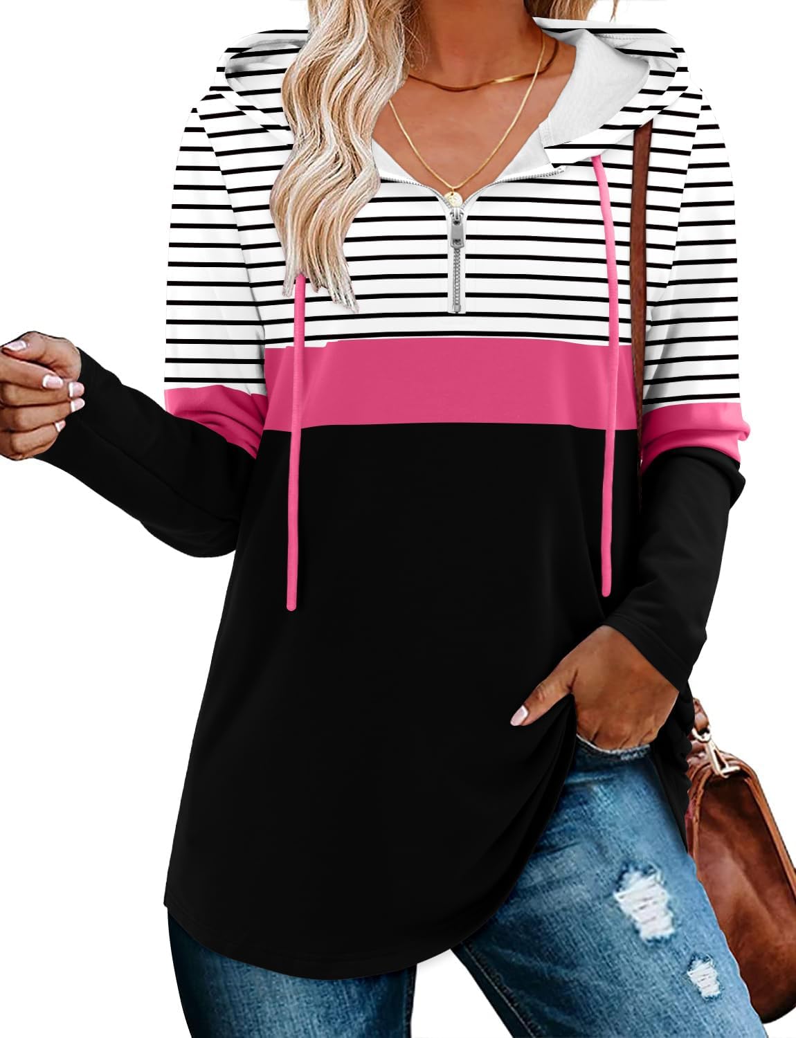 BETTE BOUTIK Womens Quarter Zip Tunic Hoodies Pullover Long Hooded Sweatshirts S-3XL