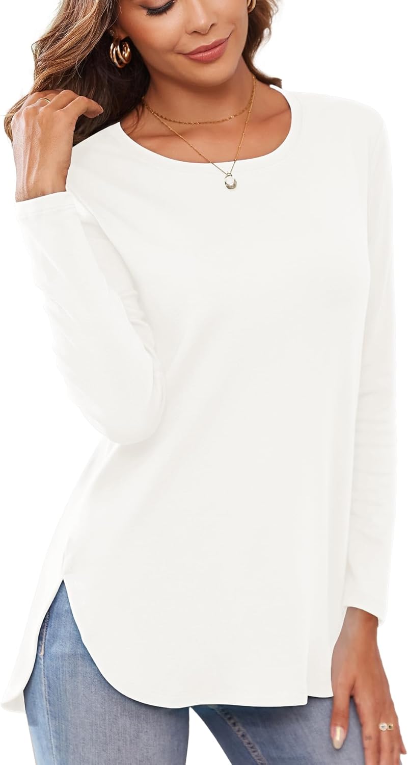 Herou Women's Casual Long Sleeve T Shirt Crewneck with Side Split Fall Pullover Loose Tunic Sweater Tops
