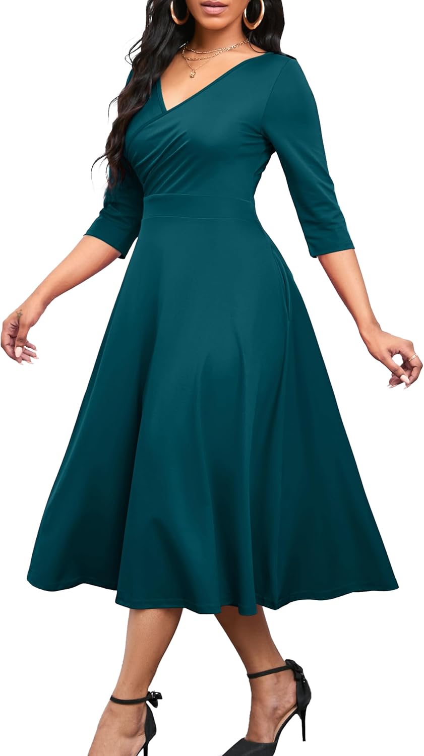 Nmoder Women's Casual Wrap Flared Midi Dress Wedding Guest Cocktail Tea Dresses A-Line Swing V-Neck 3/4 Sleeve