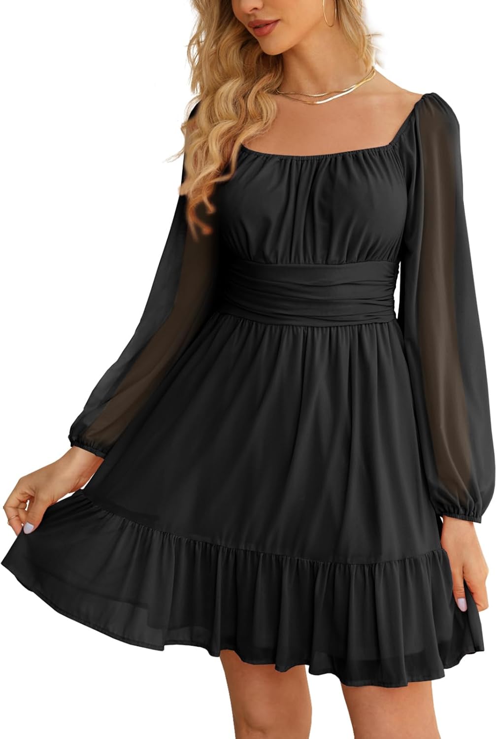 Wenrine Women's Mesh Long Sleeve Square Neck Dress High Waist A Line Ruffle Hem Flowy Casual Party Mini Dress