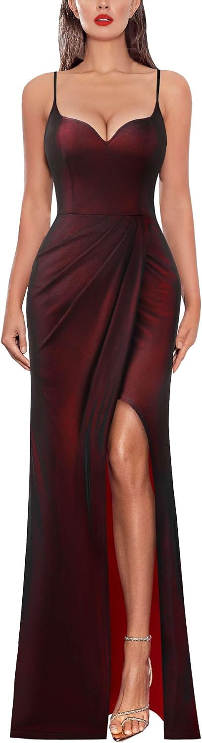 VFSHOW Womens Sexy Formal Ruched Fitted High Slit Bodycon Maxi Dress Spaghetti Strap Sweetheart Cocktail Prom Evening Gown