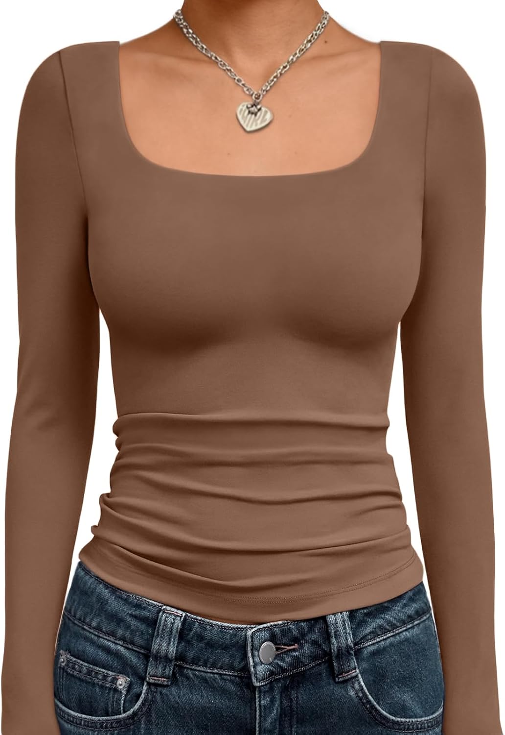 Trendy Queen Womens Long Sleeve Shirts Crop Tops Fall Fashion 2025 Square Neck Going Out Basics Tees Y2k Clothes