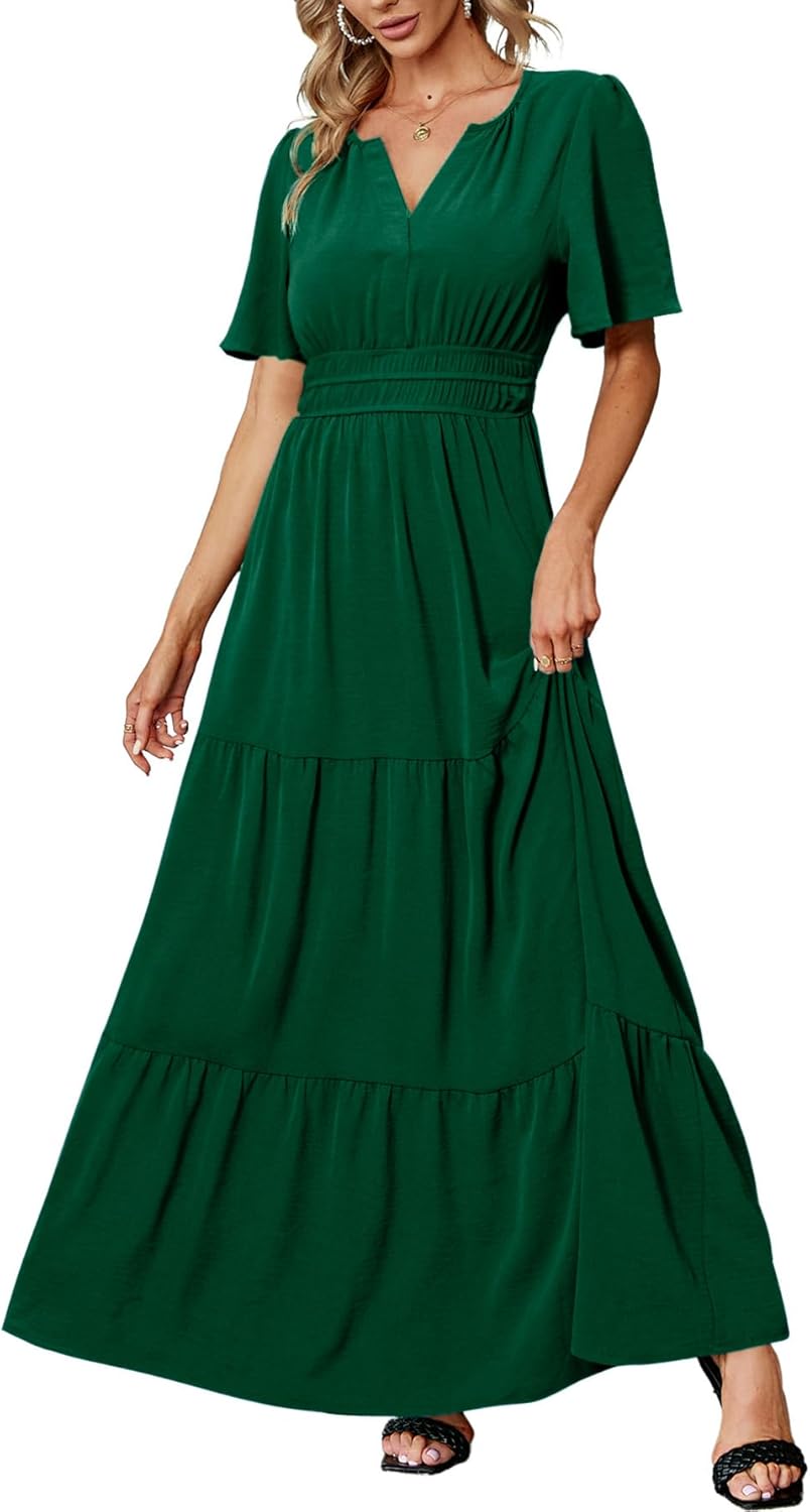 Amegoya Women's Velvet Short Sleeve V Neck Formal Wedding Guest Maxi Dresses Fall Evening Party Long Dresses