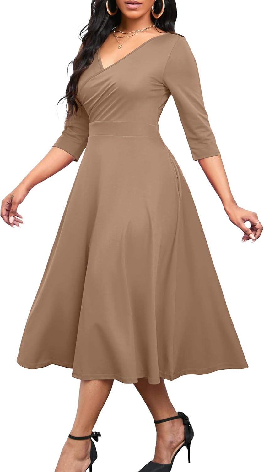 Nmoder Women's Casual Wrap Flared Midi Dress Wedding Guest Cocktail Tea Dresses A-Line Swing V-Neck 3/4 Sleeve