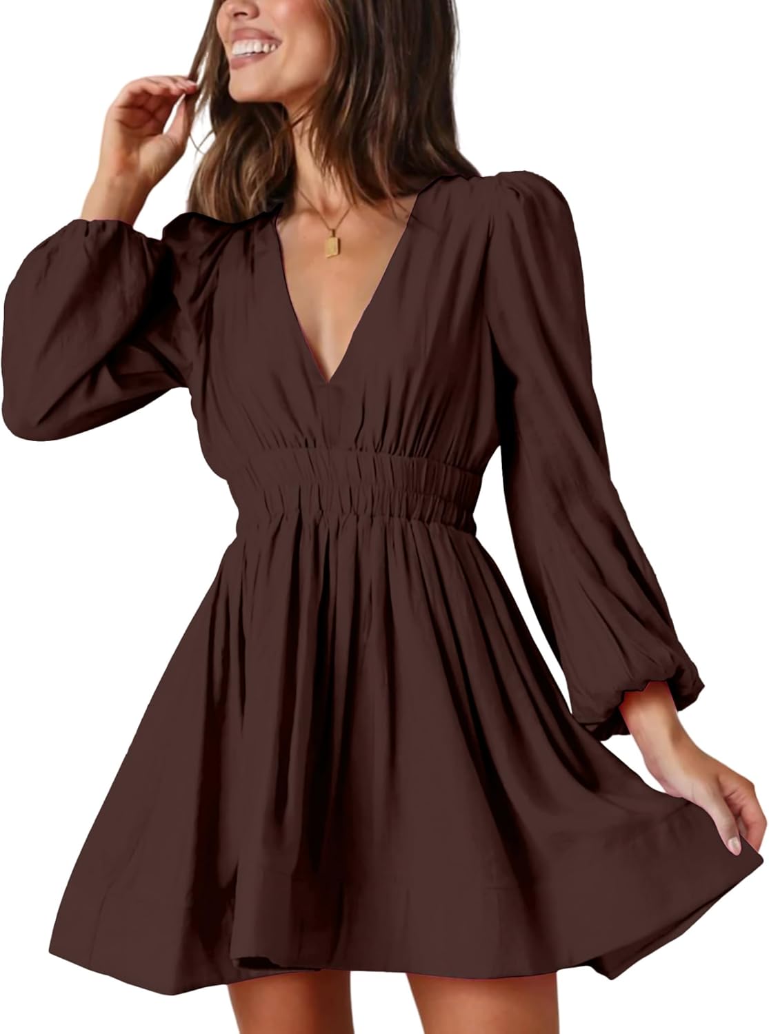 FAIABLE Mini Deep V Sexy Long Sleeve Dress for Women A-line High Waisted Casual Flowy Dress for Cocktail Wedding Guest