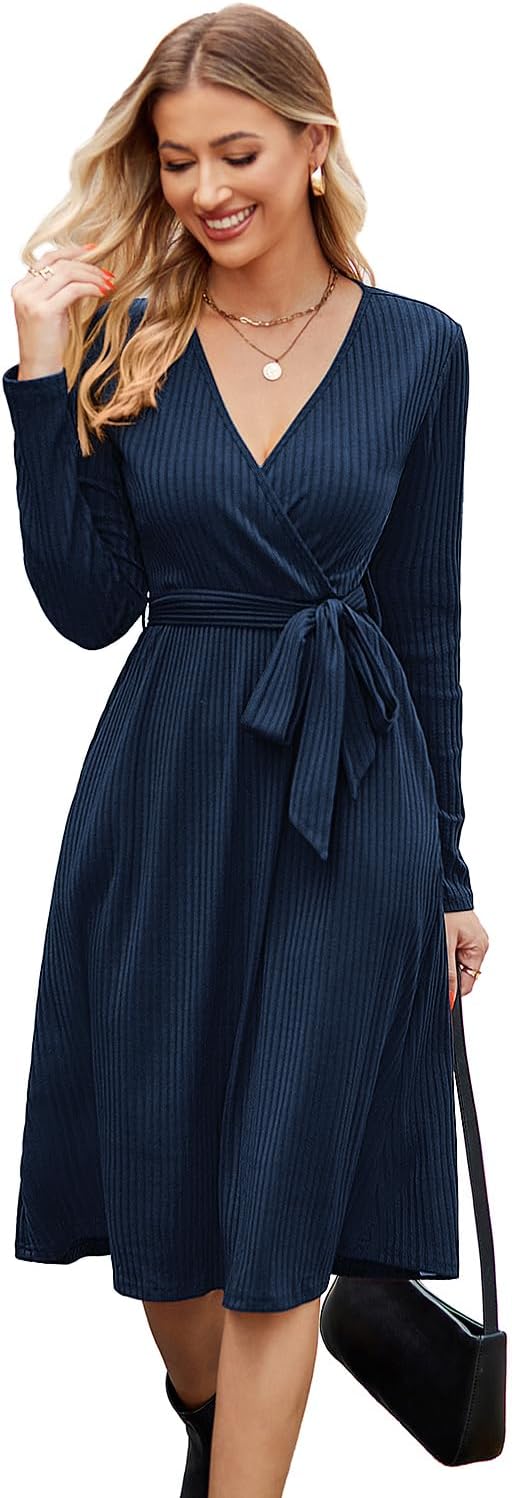 Newshows Womens 2025 Fall Dresses Teacher Church Business Casual Work Outfits Knit Midi Sweater Pockets Belt Dress