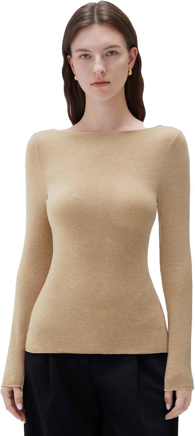 SUUKSESS Cloud Cashmere Women Boat Neck Fitted Long Sleeve Shirt Basic Knit Tops