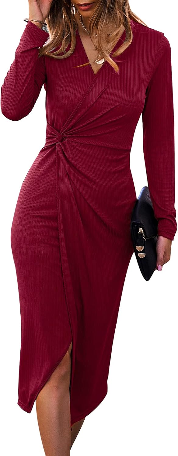 SHIBEVER Women's Long Sleeve Dress: Midi Casual V Neck Twist Waist Ribbed Knit Bodycon Slit Cocktail Party Dresses