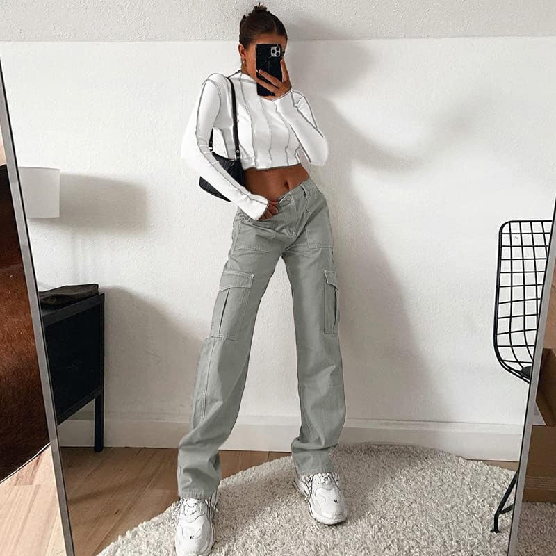 Lepunuo Cargo Pants for Women High Waisted Casual Pants Baggy Stretchy Wide Leg Y2K Streetwear with 6 Pockets