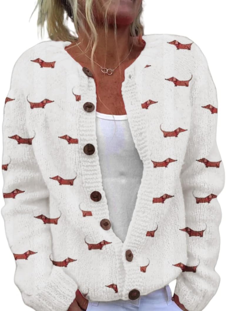Women's Funny Fall Winter Animal Floral Christmas Tree Long Sleeve Button Knit Cardigan Sweater