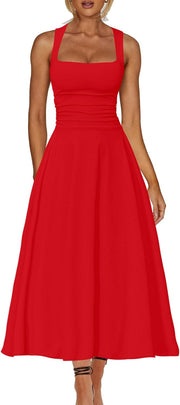 Kaximil Women's Square Neck Corset A Line Maxi Dress Ruffle Ruched Waist Flowy Long Dresses