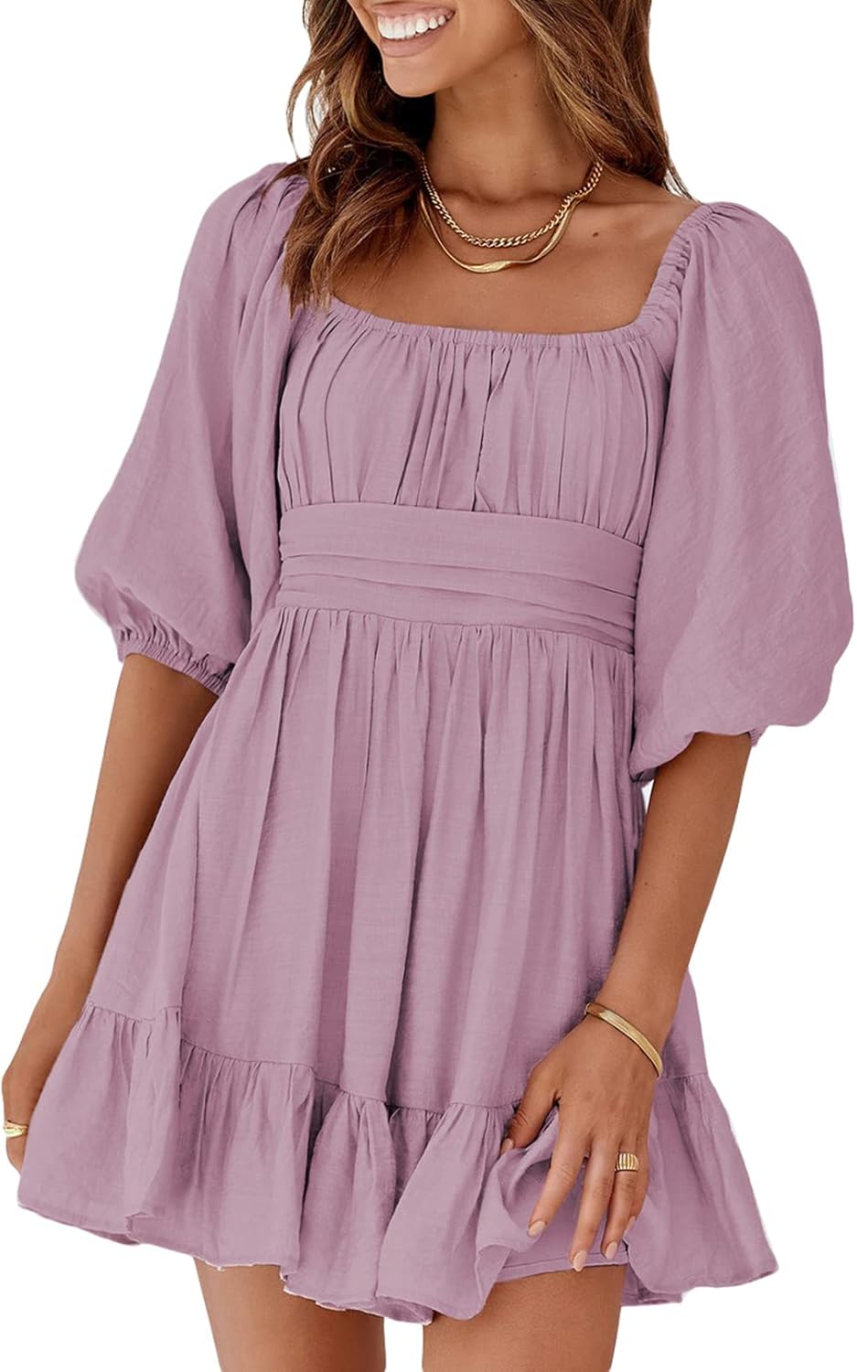 Dokotoo Womens Summer Dresses Square Neck Tie Back Lantern Sleeve Ruffle A-Line Casual Dress