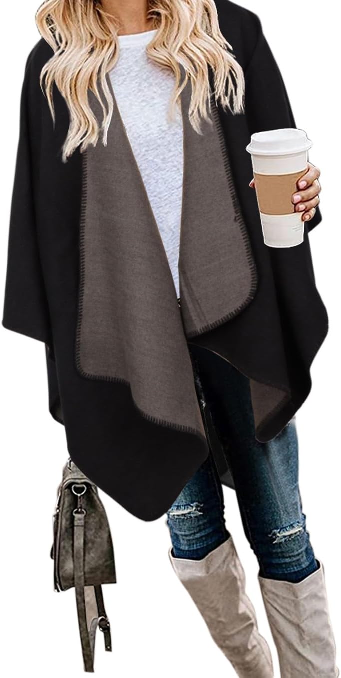 Bestshe Women's Boho Open Front Poncho Knitted Plaid Shawl Wrap Cape Tassel Cardigan Sweater