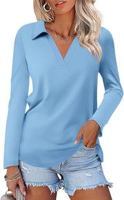ORANDESIGNE Women's Long Sleeve Polo Shirts Casual Color Block V Neck Tops Fall Collar Ladies Tunics Tees