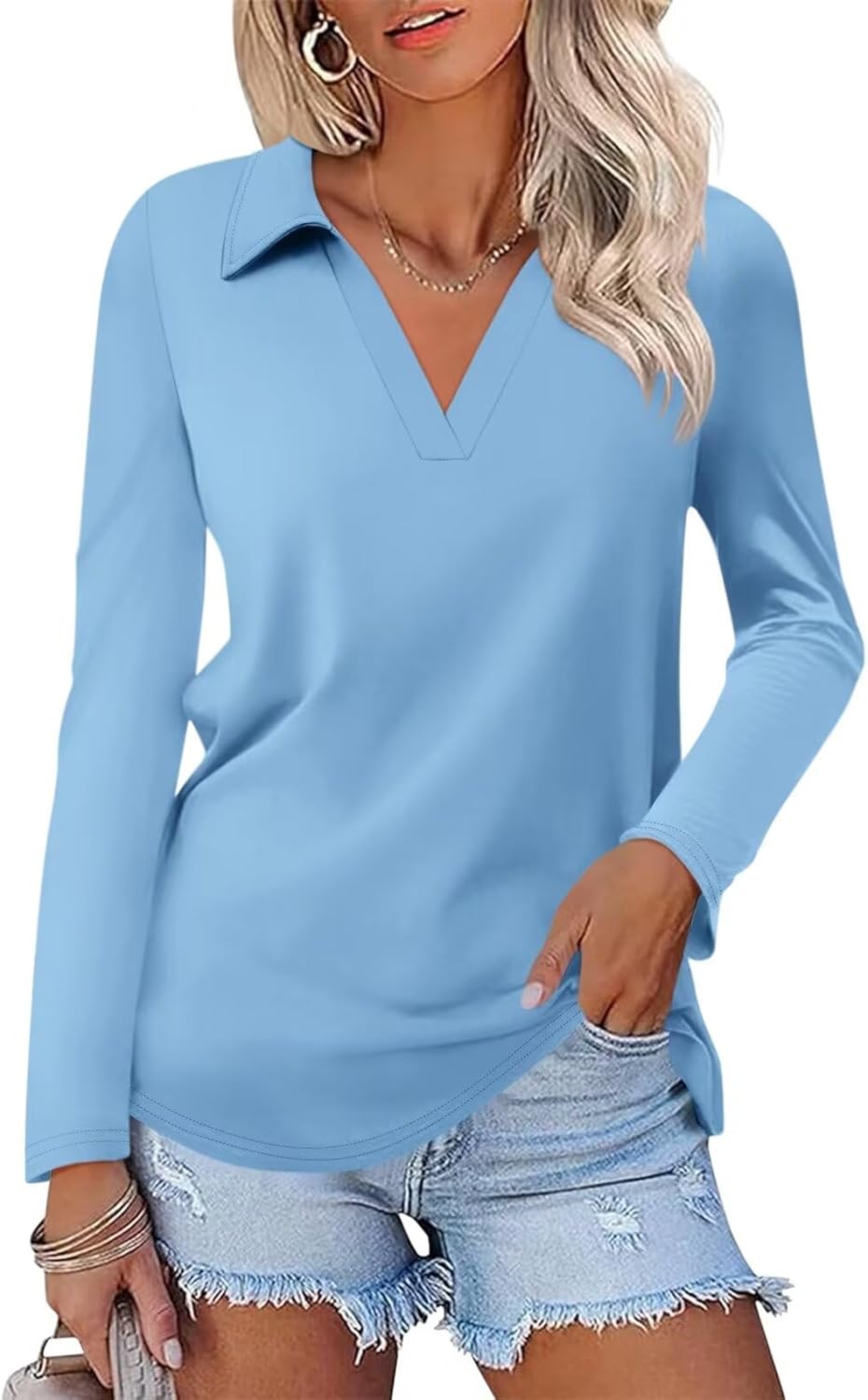 ORANDESIGNE Women's Long Sleeve Polo Shirts Casual Color Block V Neck Tops Fall Collar Ladies Tunics Tees