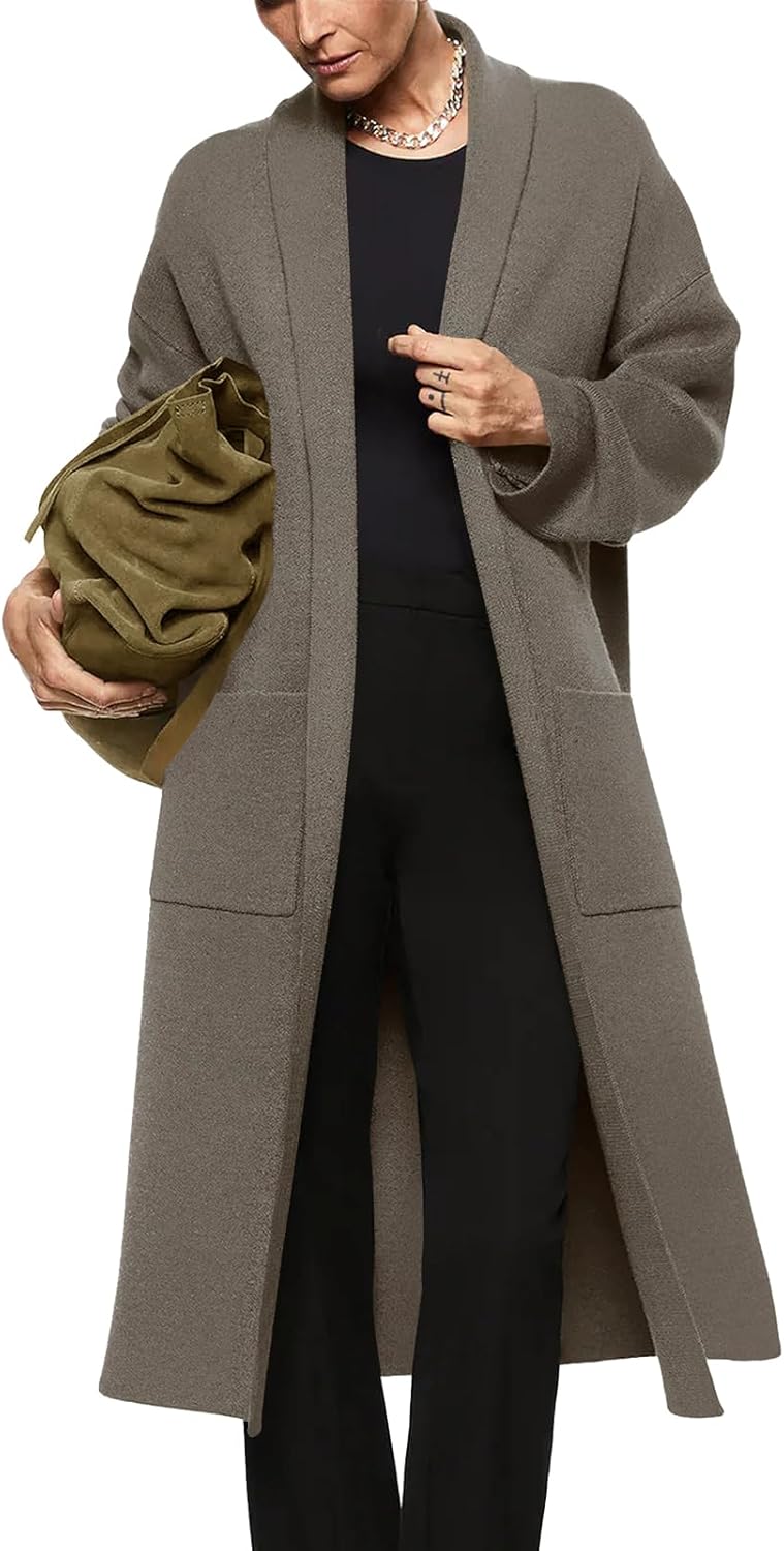 Womens Long Sleeve Maxi Cardigan Open Front Oversized Knitted Sweater Coat Casual Lapel Warm Overcoat with Pockets