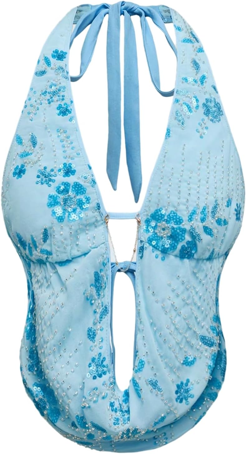 Verdusa Women's Cheetah Print Sequin Top Y2K Tie Back Corset Halter Going Out Crop Tops