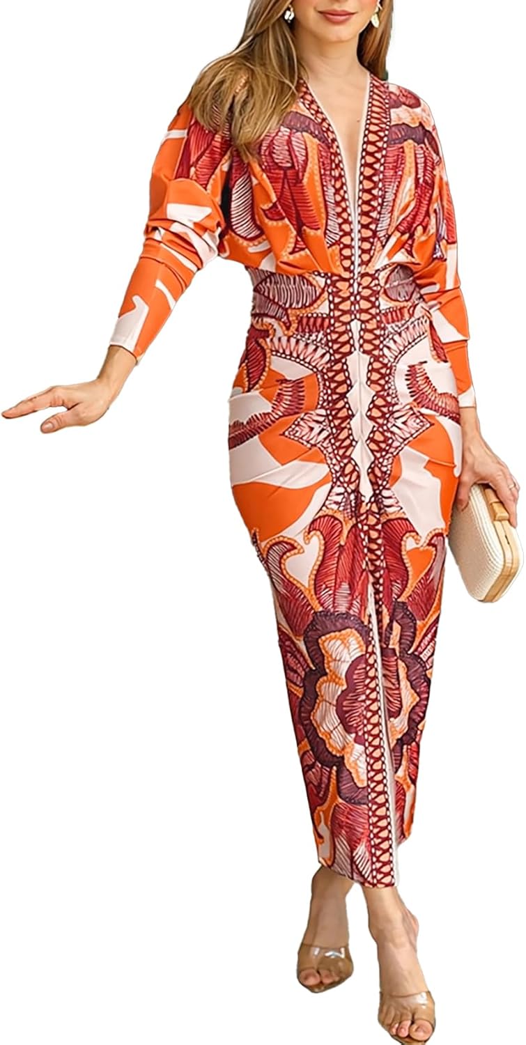 CHICME Women's Bodycon Long Sleeve Dress Casual Plunge V Neck Ruched Midi Dress 2025 Fall Bodycon Slit Office Work Dresses