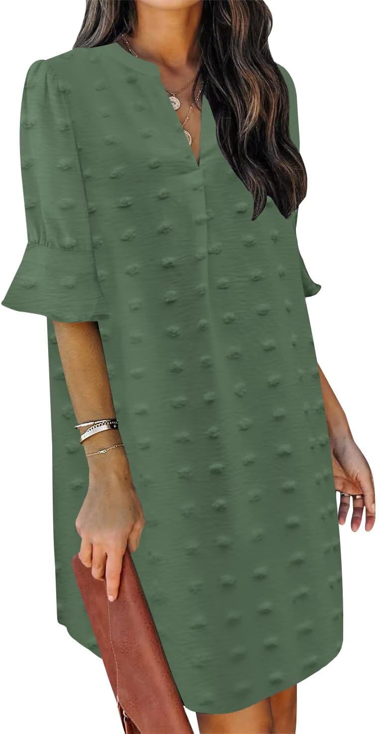 QACOHU Summer Dresses for Women V Neck Ruffle Short Sleeve Casual Shift Dress